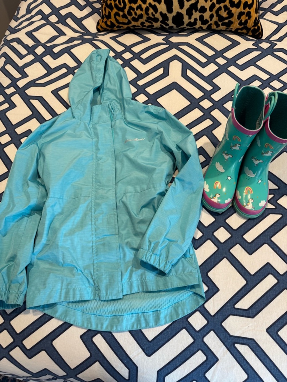 Eddie Bauer Kids' Teal Hooded Rain Jacket and rain boots